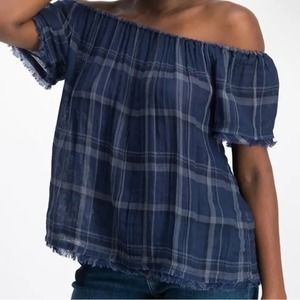 NWOT Lucky Brand Women's Blue Plaid Raw Hem Off The Shoulder Top Size Small